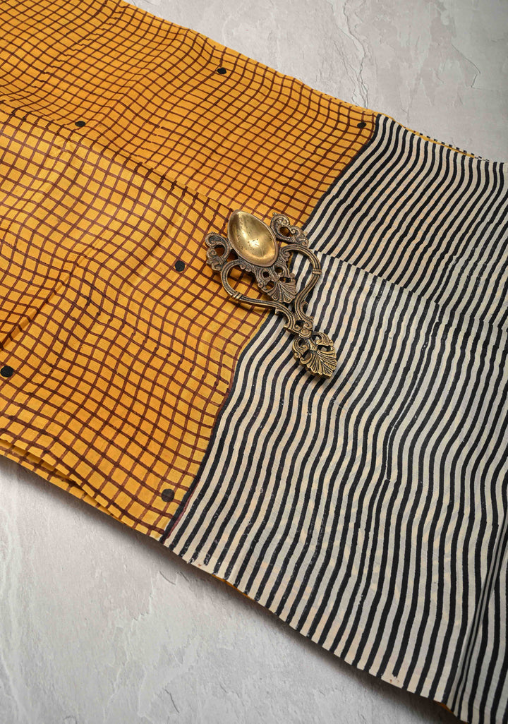 Mustard Yellow  Tussar Silk saree with Checks Pattern Print and Stripes Design Pallu | SILK MARK CERTIFIED