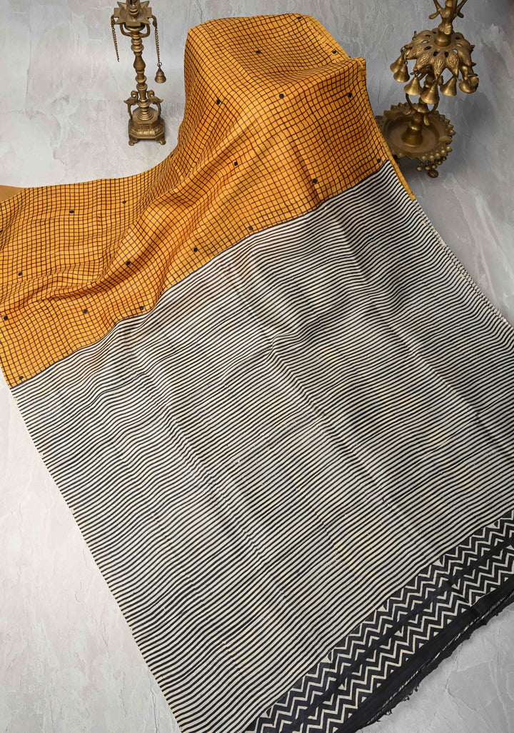 Mustard Yellow  Tussar Silk saree with Checks Pattern Print and Stripes Design Pallu | SILK MARK CERTIFIED