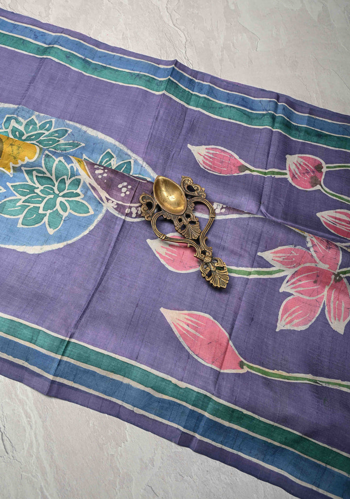 Dusty Amethyst  Tussar Silk saree with Hand Wax Batik Print | SILK MARK CERTIFIED