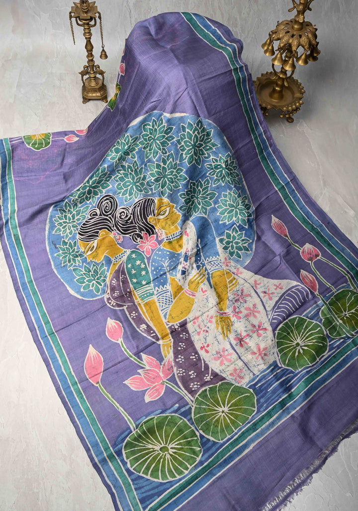 Dusty Amethyst  Tussar Silk saree with Hand Wax Batik Print | SILK MARK CERTIFIED