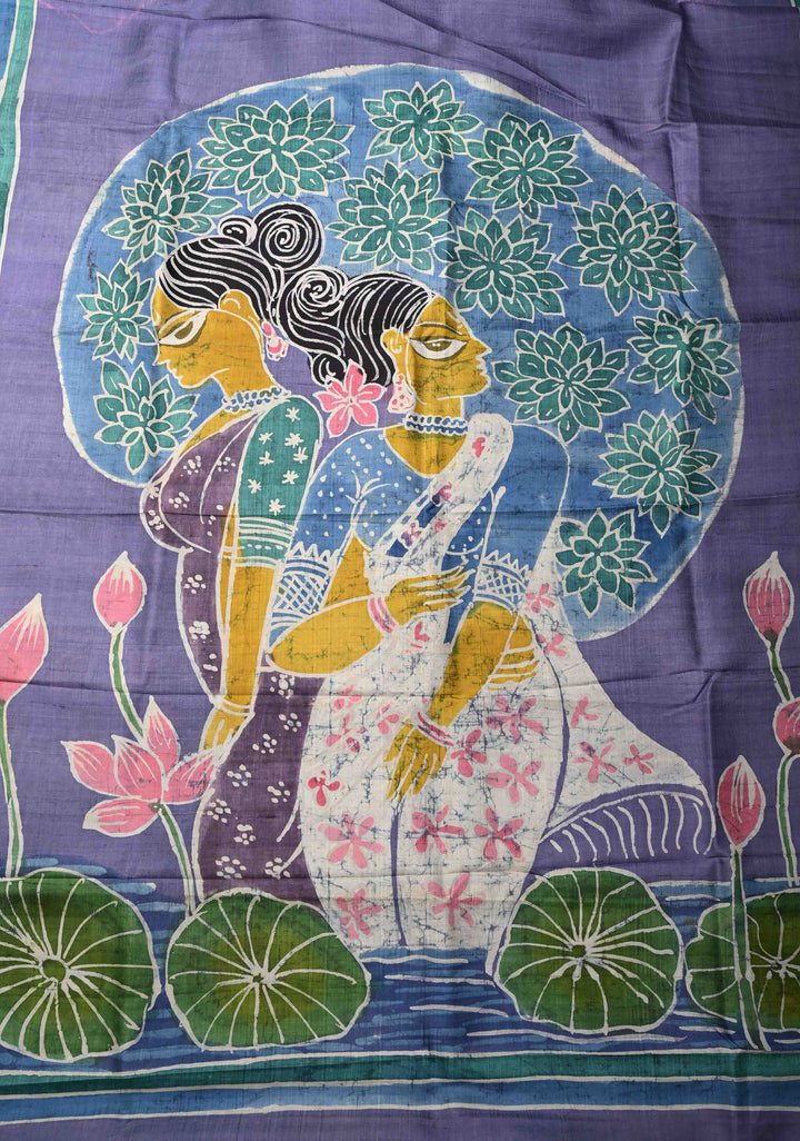 Dusty Amethyst  Tussar Silk saree with Hand Wax Batik Print | SILK MARK CERTIFIED