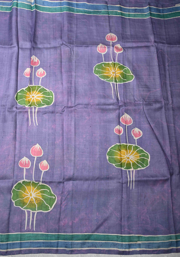 Dusty Amethyst  Tussar Silk saree with Hand Wax Batik Print | SILK MARK CERTIFIED