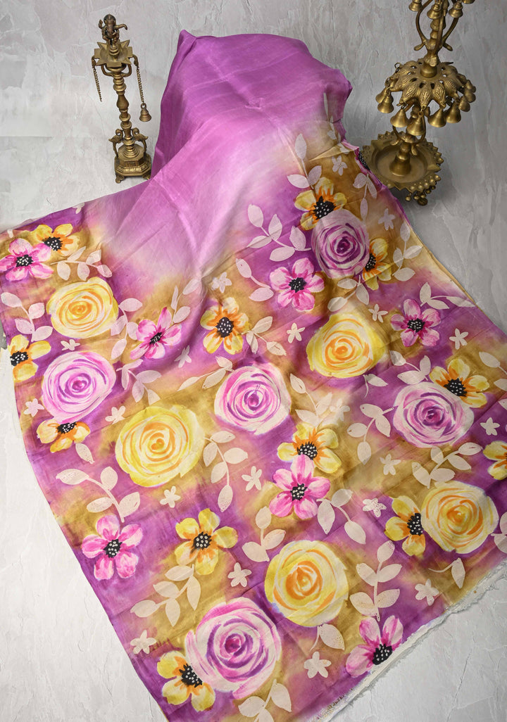 Lavender  Tussar Silk saree with Floral Digital Print | SILK MARK CERTIFIED
