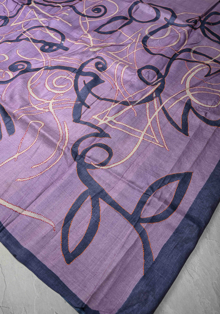 Dark Lilac Tussar Silk Fusion saree with Handpainted and Kantha Hand Embroidery | SILK MARK CERTIFIED