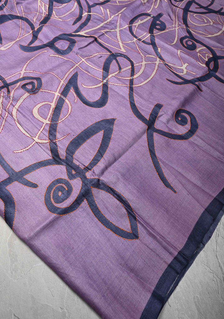 Dark Lilac Tussar Silk Fusion saree with Handpainted and Kantha Hand Embroidery | SILK MARK CERTIFIED