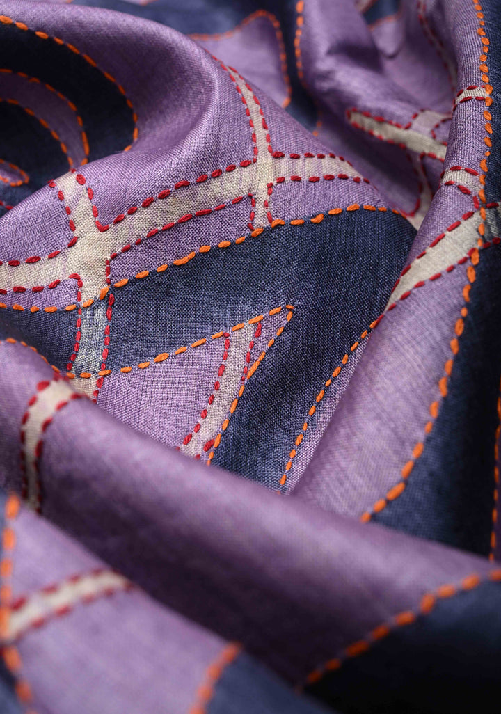 Dark Lilac Tussar Silk Fusion saree with Handpainted and Kantha Hand Embroidery | SILK MARK CERTIFIED