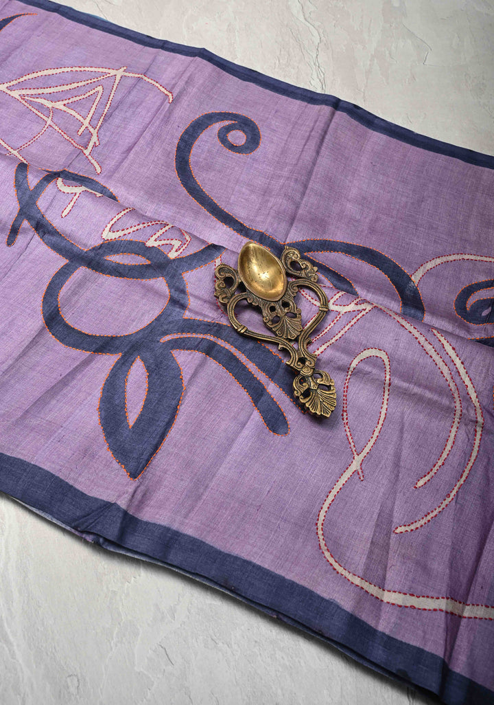 Dark Lilac Tussar Silk Fusion saree with Handpainted and Kantha Hand Embroidery | SILK MARK CERTIFIED