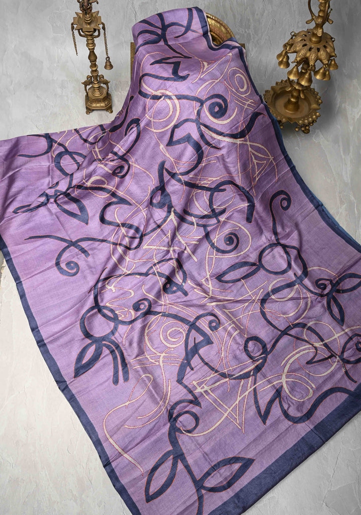 Dark Lilac Tussar Silk Fusion saree with Handpainted and Kantha Hand Embroidery | SILK MARK CERTIFIED