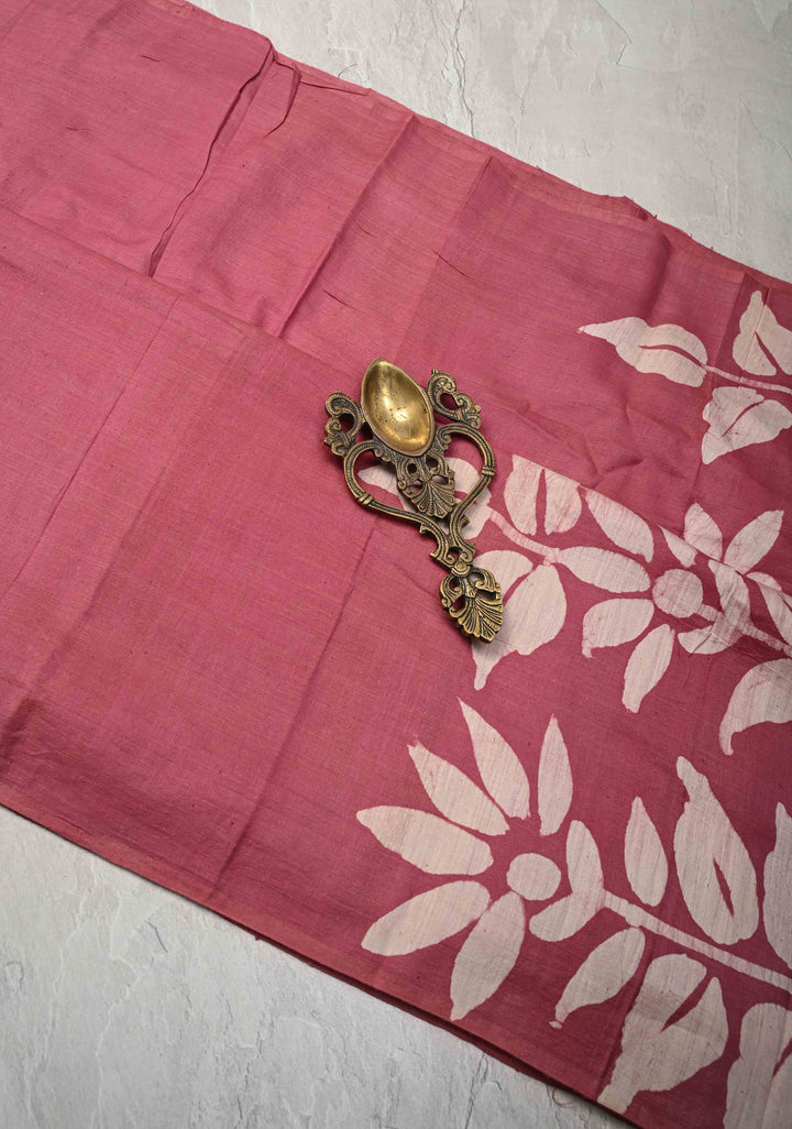 Onion Pink Tussar Silk Saree with Hand Block Print