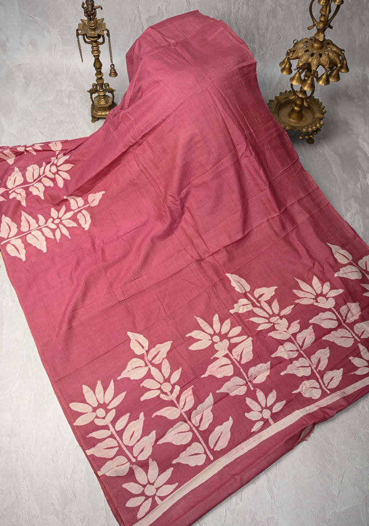 Onion Pink Tussar Silk Saree with Hand Block Print