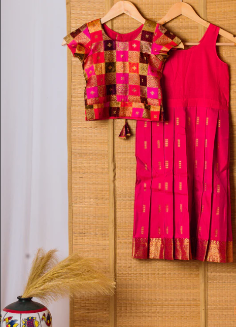 Candy Pink Kanchipuram Silk Girls Pavadai Kurumbi-4-6 years