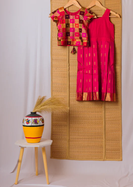 Candy Pink Kanchipuram Silk Girls Pavadai Kurumbi-4-6 years