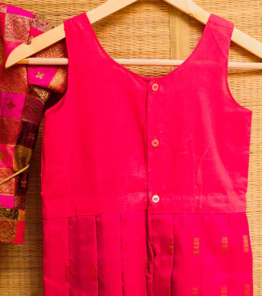 Candy Pink Kanchipuram Silk Girls Pavadai Kurumbi-4-6 years