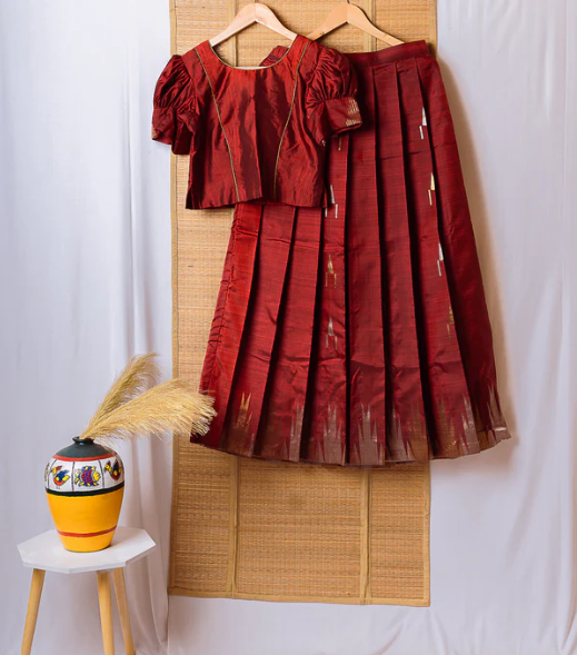 Rust Orange Kanchipuram Silk Girls Pavadai Marugadham-12-14 years