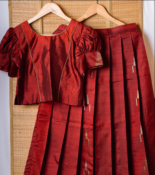 Rust Orange Kanchipuram Silk Girls Pavadai Marugadham-12-14 years