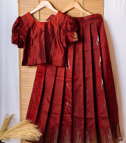 Rust Orange Kanchipuram Silk Girls Pavadai Marugadham-12-14 years