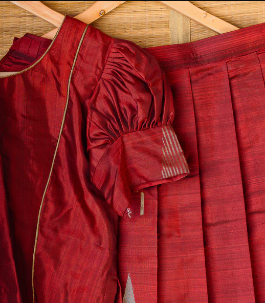 Rust Orange Kanchipuram Silk Girls Pavadai Marugadham-12-14 years