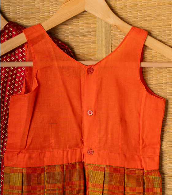 Orange Kanchipuram Silk Girls Pavadai Pavazham with Pure gold zari-6-8 years