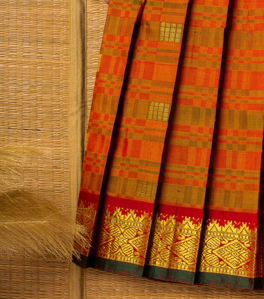 Orange Kanchipuram Silk Girls Pavadai Pavazham with Pure gold zari-6-8 years