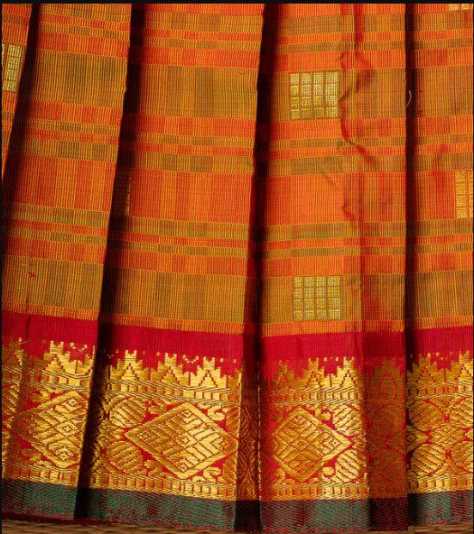 Orange Kanchipuram Silk Girls Pavadai Pavazham with Pure gold zari-6-8 years