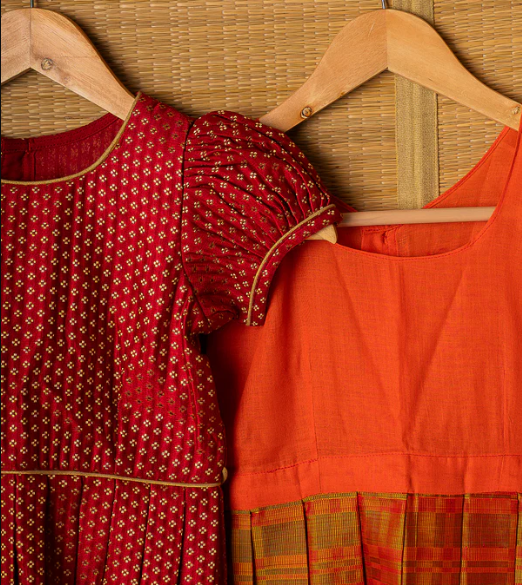 Orange Kanchipuram Silk Girls Pavadai Pavazham with Pure gold zari-6-8 years