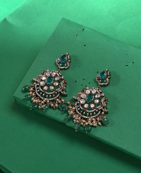 Pure 92.5 Silver, Victorian Earrings with Emerald Stones