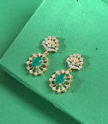 Pure 92.5 Silver, Green Stone and CZ Stone Earrings