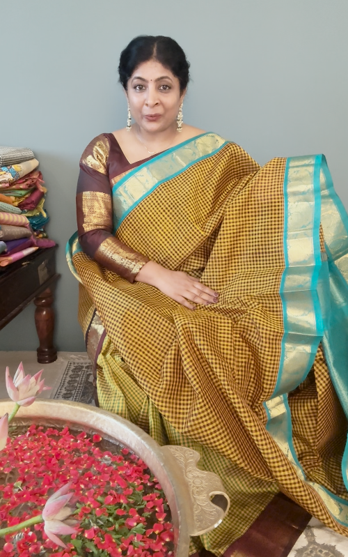 Yellow-Brown Gingham Checks Koravi Kanchi Silk Cotton 100% Handloom Saree with Contrast Zari Border