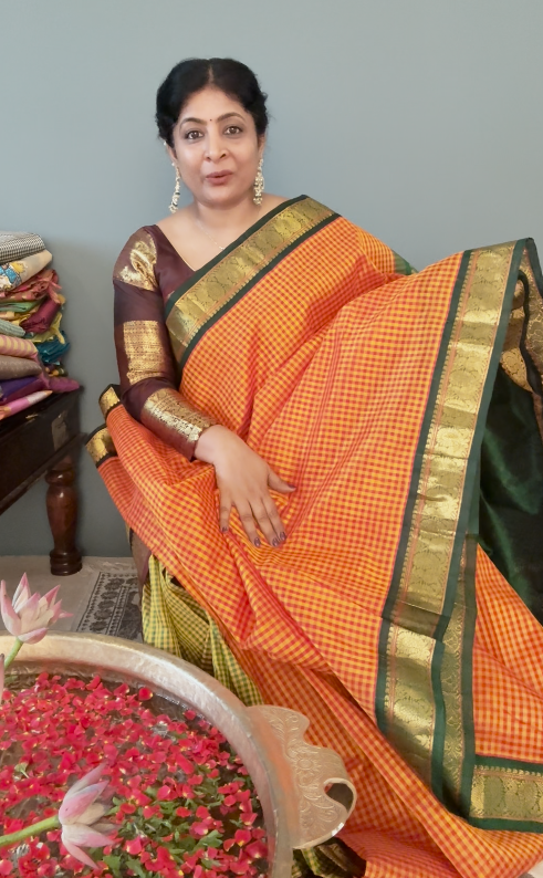Pre-Order Orange-Yellow Gingham Checks Koravi Kanchi Silk Cotton 100% Handloom Saree with Contrast Zari Border