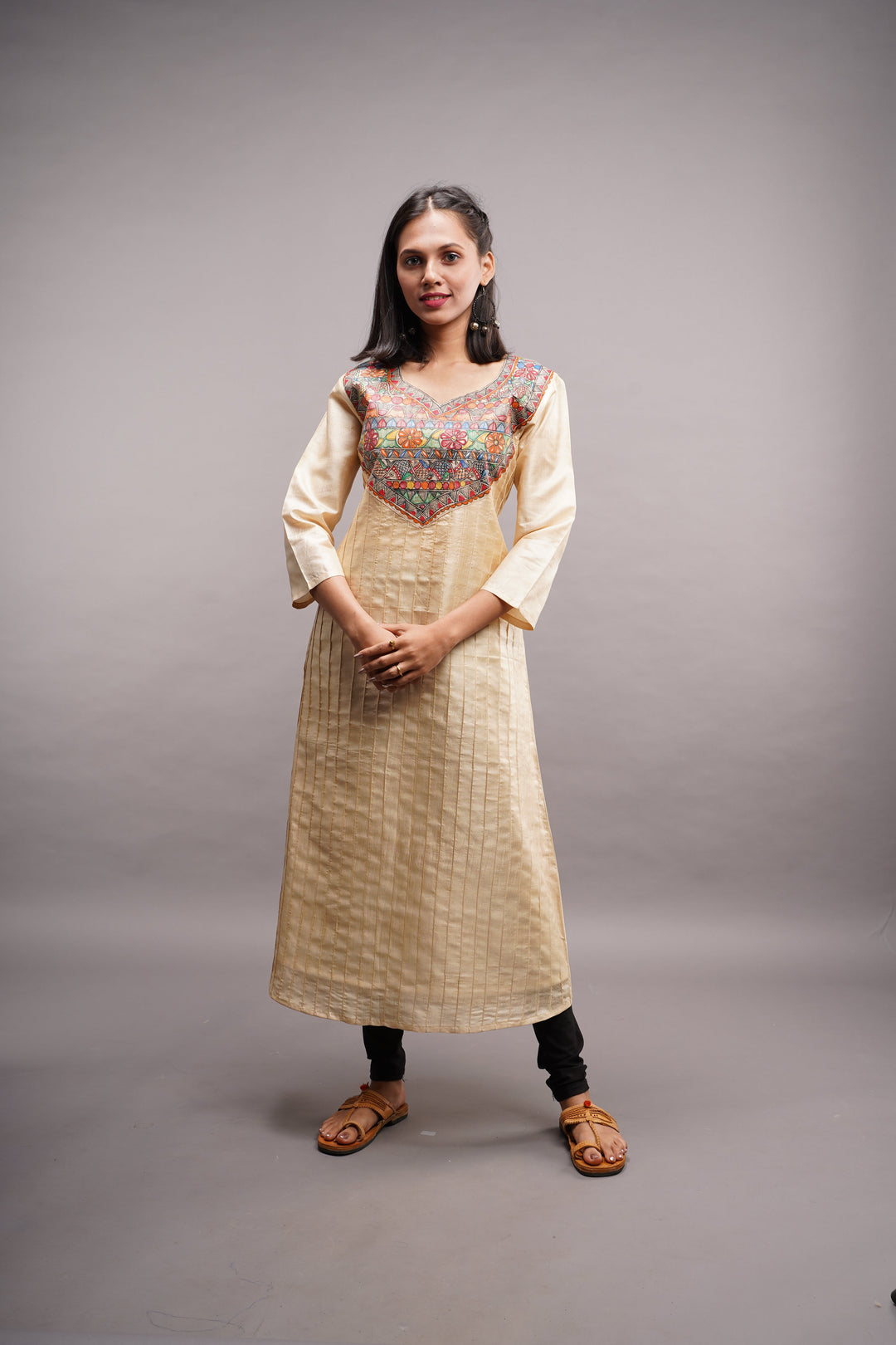 Pure Kosa Tussar Silk Kurti with Madhubani Handpainted Art with Leggings 2 piece set