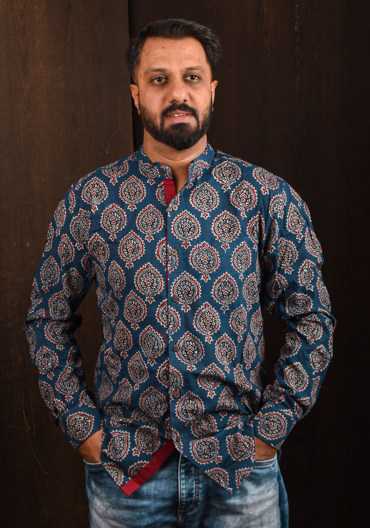 Blue Hand Block print Shirt with Mandarin Collar Full Sleeve Shirt