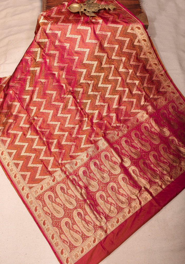 Pink Tanchoi Banarasi Satin Silk Saree in Chevron Pattern and zari border | SILK MARK CERTIFIED