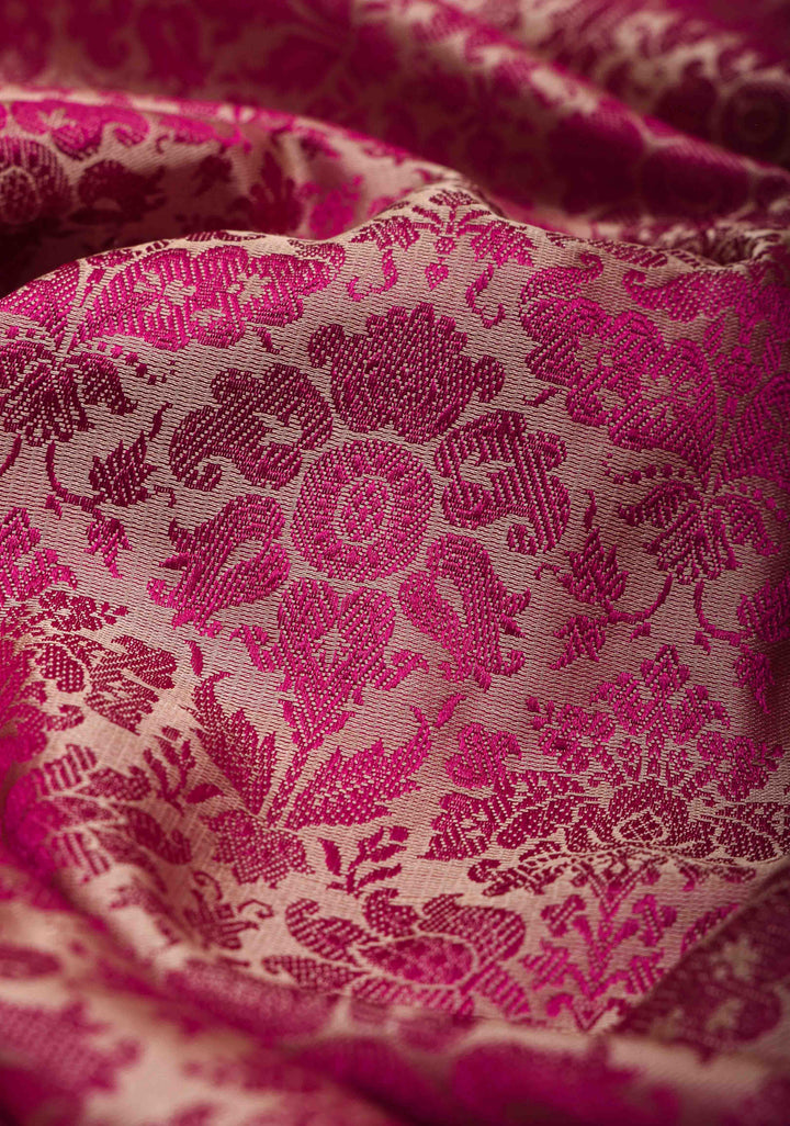 Mesmerizing Beige Tanchoi Floral Brocade Banarasi Satin Silk Saree | SILK MARK CERTIFIED