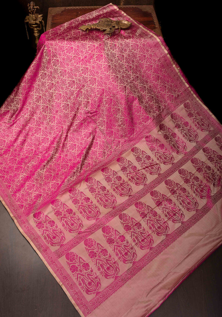Mesmerizing Beige Tanchoi Floral Brocade Banarasi Satin Silk Saree | SILK MARK CERTIFIED