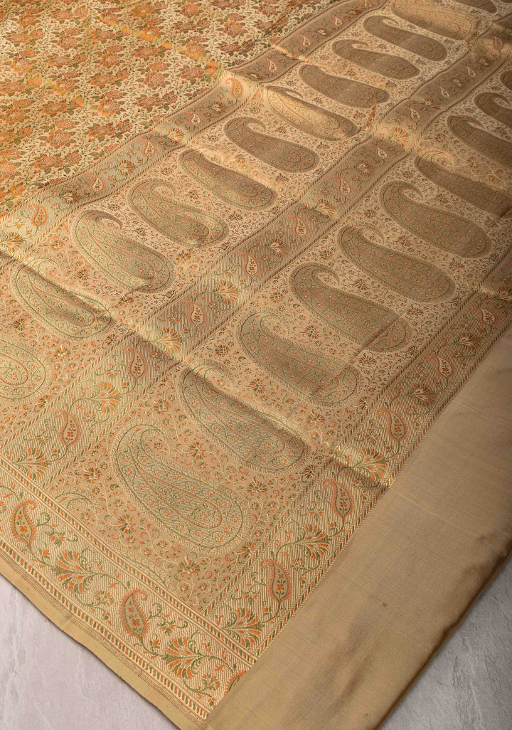 Beige Tanchoi Banarasi Satin Silk Saree with Floral Brocade And Zari Border  | SILK MARK CERTIFIED