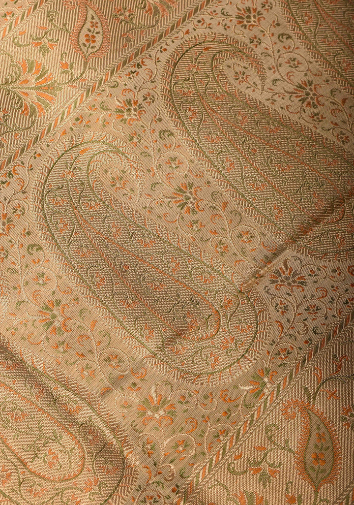 Beige Tanchoi Banarasi Satin Silk Saree with Floral Brocade And Zari Border  | SILK MARK CERTIFIED