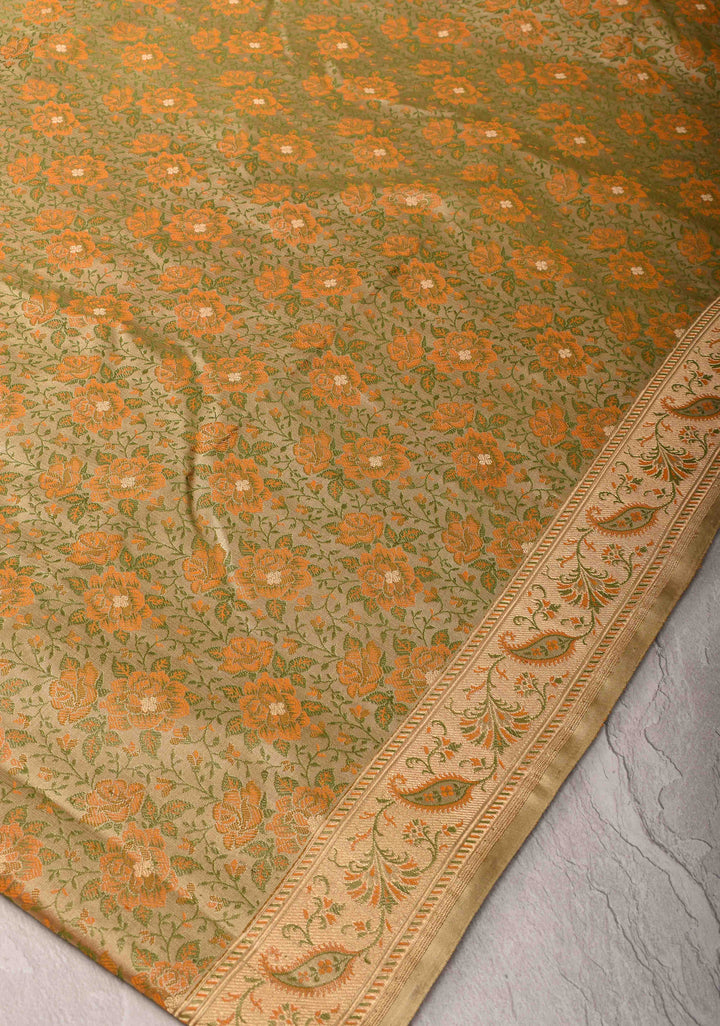 Beige Tanchoi Banarasi Satin Silk Saree with Floral Brocade And Zari Border  | SILK MARK CERTIFIED