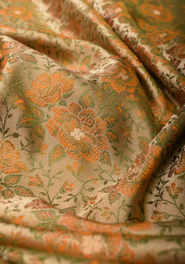 Beige Tanchoi Banarasi Satin Silk Saree with Floral Brocade And Zari Border  | SILK MARK CERTIFIED