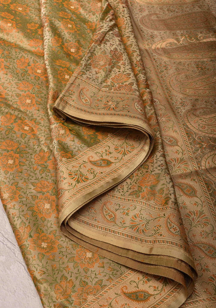 Beige Tanchoi Banarasi Satin Silk Saree with Floral Brocade And Zari Border  | SILK MARK CERTIFIED