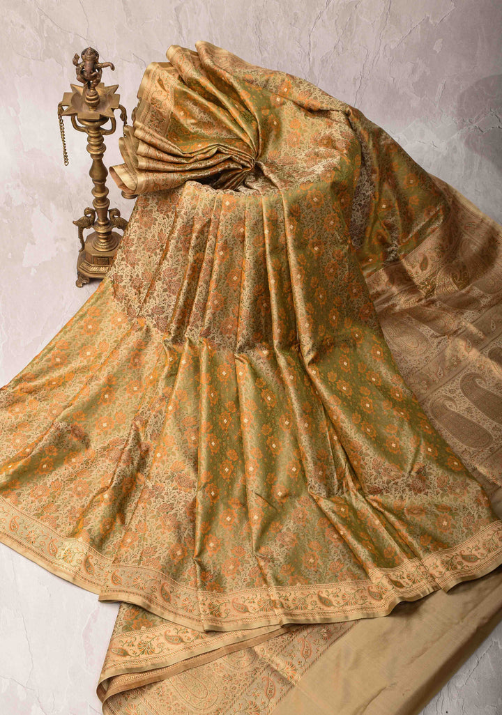 Beige Tanchoi Banarasi Satin Silk Saree with Floral Brocade And Zari Border  | SILK MARK CERTIFIED