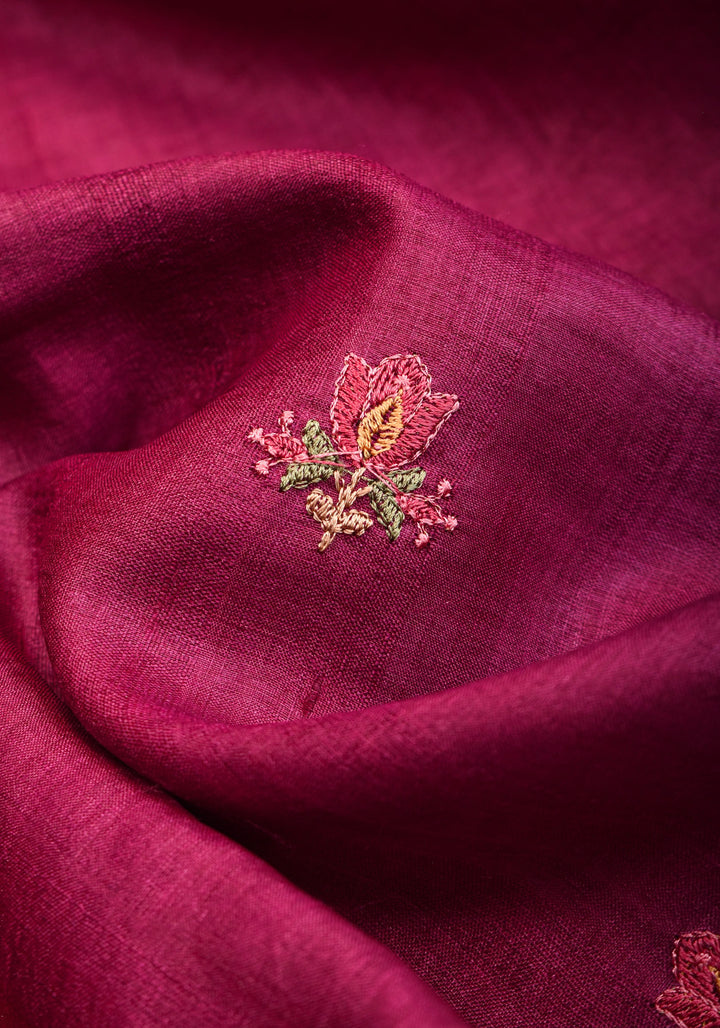 Plum Tussar Silk Saree with Shaded Rose Embroidery | SILK MARK CERTIFIED