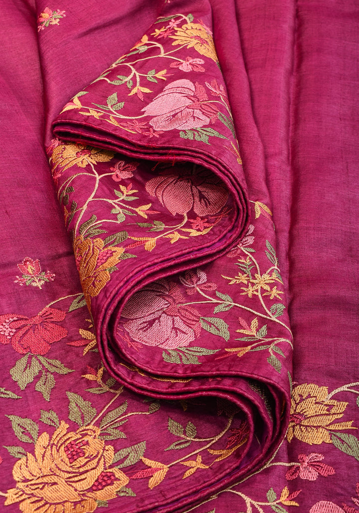 Plum Tussar Silk Saree with Shaded Rose Embroidery | SILK MARK CERTIFIED