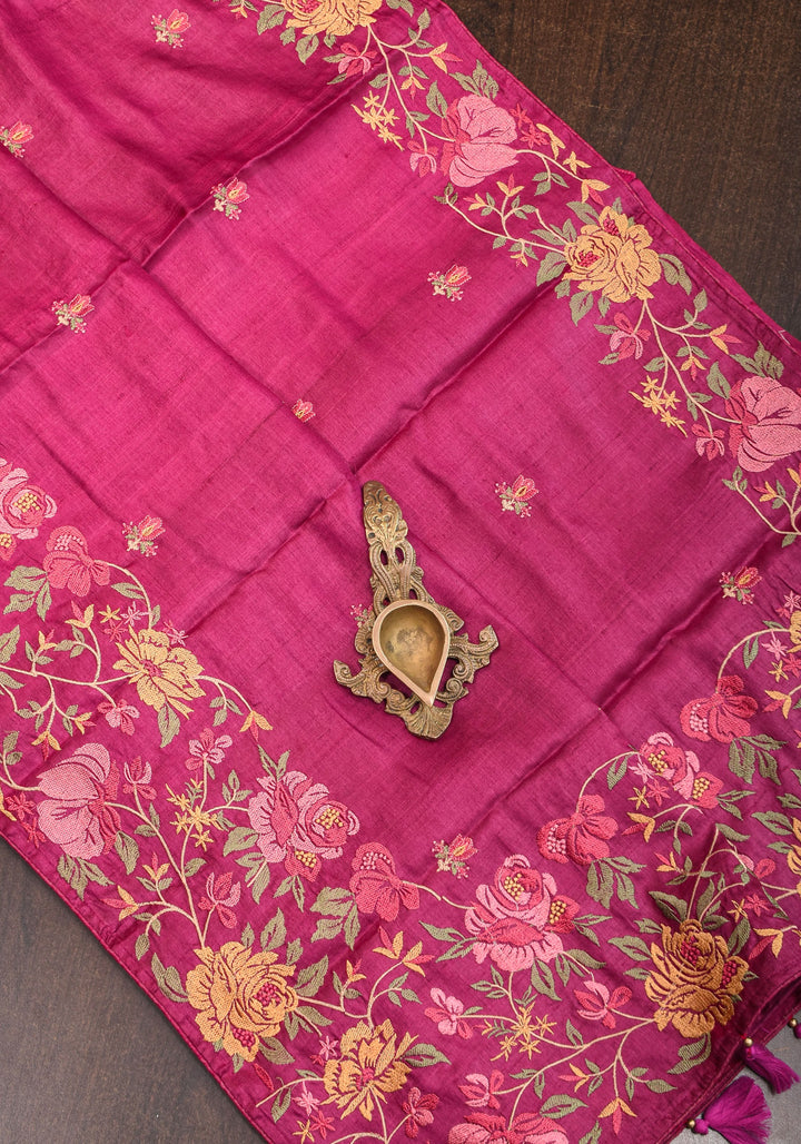 Plum Tussar Silk Saree with Shaded Rose Embroidery | SILK MARK CERTIFIED