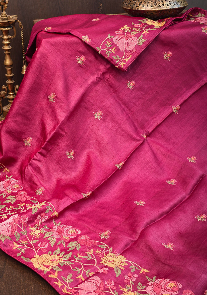 Plum Tussar Silk Saree with Shaded Rose Embroidery | SILK MARK CERTIFIED
