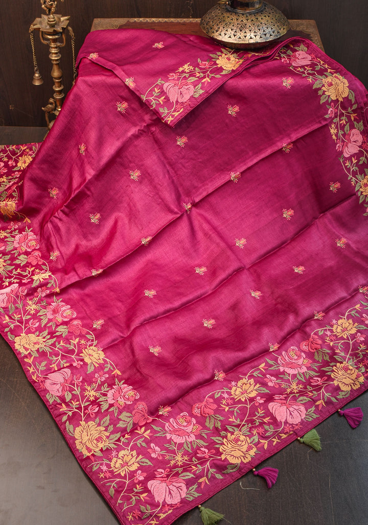 Plum Tussar Silk Saree with Shaded Rose Embroidery | SILK MARK CERTIFIED