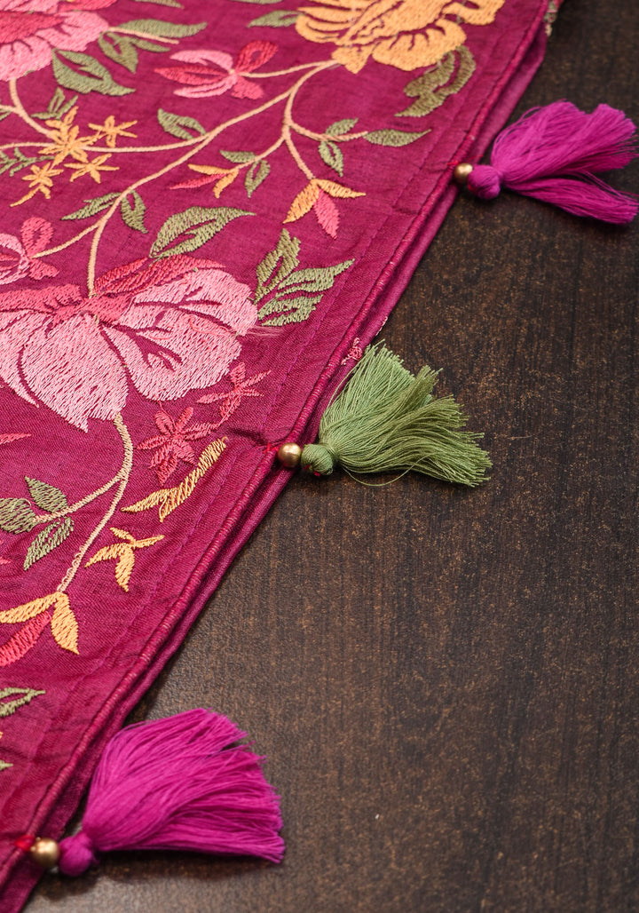 Plum Tussar Silk Saree with Shaded Rose Embroidery | SILK MARK CERTIFIED