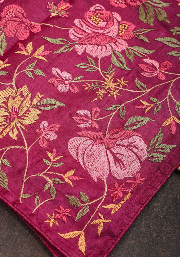 Plum Tussar Silk Saree with Shaded Rose Embroidery | SILK MARK CERTIFIED