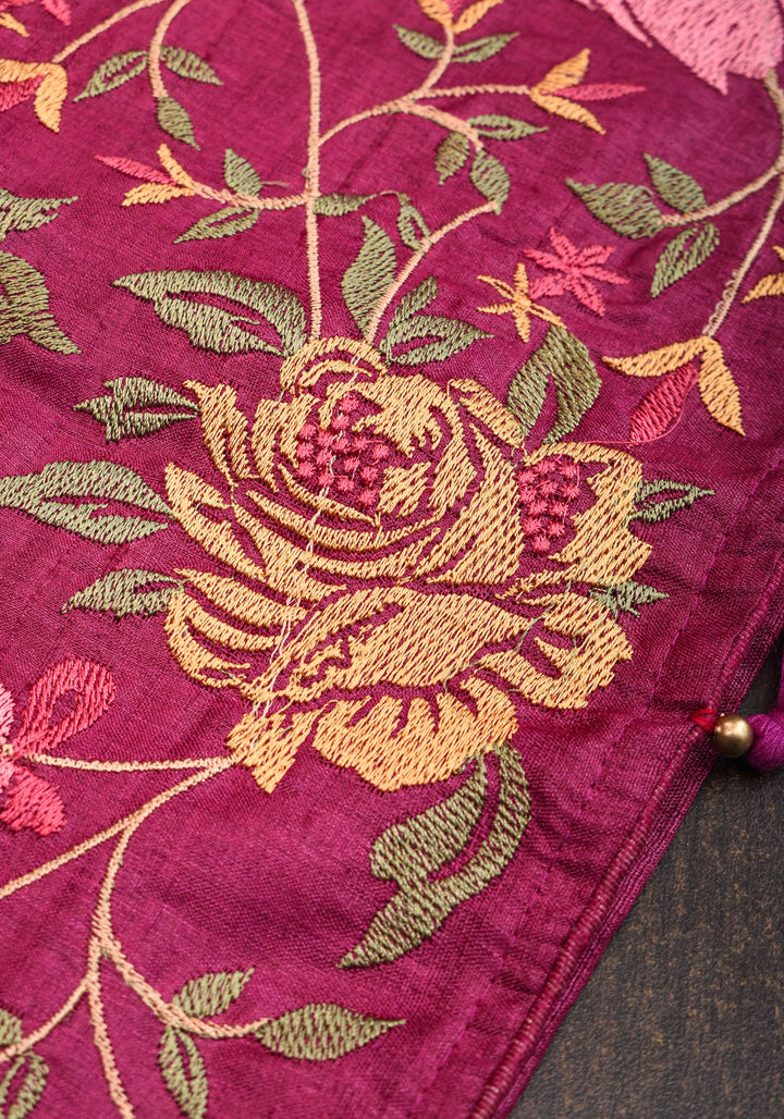 Plum Tussar Silk Saree with Shaded Rose Embroidery | SILK MARK CERTIFIED