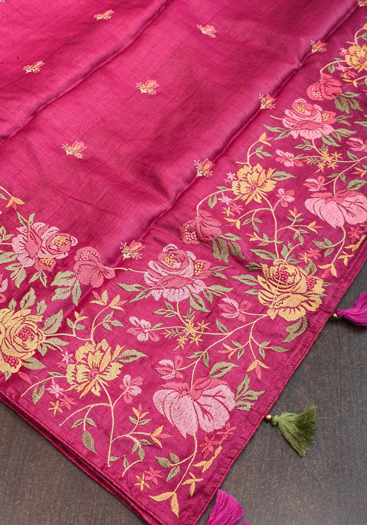 Plum Tussar Silk Saree with Shaded Rose Embroidery | SILK MARK CERTIFIED