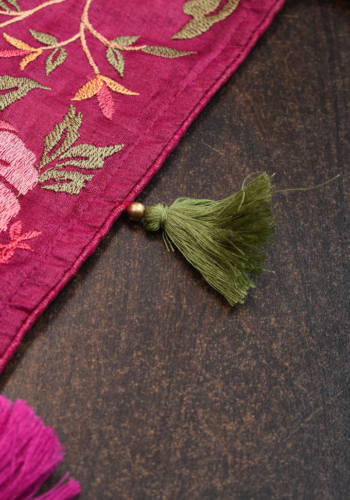 Plum Tussar Silk Saree with Shaded Rose Embroidery | SILK MARK CERTIFIED